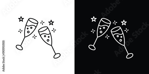 Vector line art icon of two celebratory clinking glasses with stars, perfect for symbolizing festive toasts, party events, and happy occasions