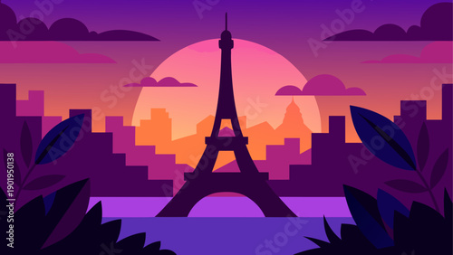 Eiffel tower silhouette at sunset scene
