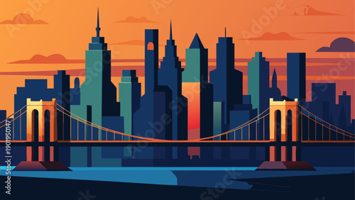 Cityscape with bridge and sunset backdrop