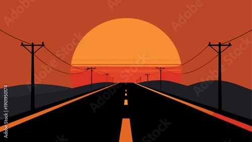 Sunset road with telephone poles scenery