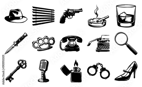 Vintage Noir Detective Illustration Element Kit for Hardboiled Crime and Mystery Storytelling