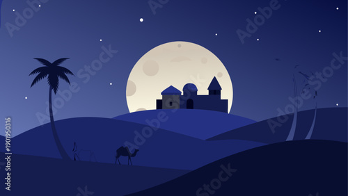 Night scene with camel and full moon view