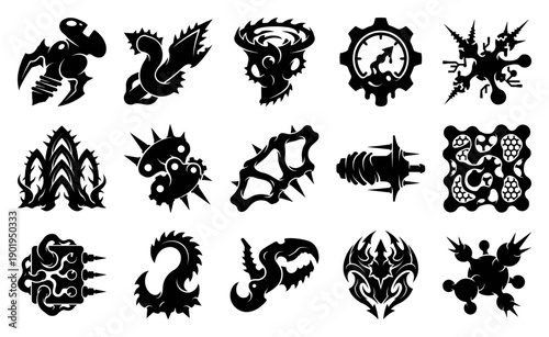 Abstract Biomechanical Cyberpunk Silhouette Element Kit for Industrial Sci-Fi Graphic Design and Gaming Assets