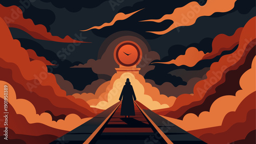 Person walking toward clock on train track