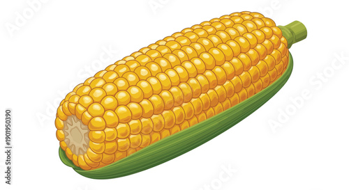 A vibrant illustration of a yellow corn cob with green husk leaves