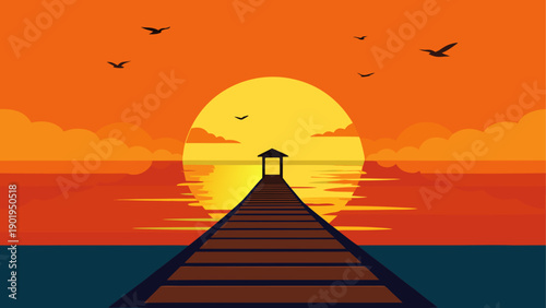 Sunset scene with pier and flying birds