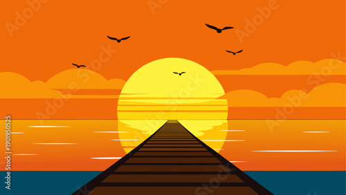 Sunset over the sea with birds flying by