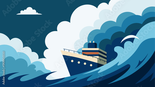 Ocean liner sailing on the stormy sea waves