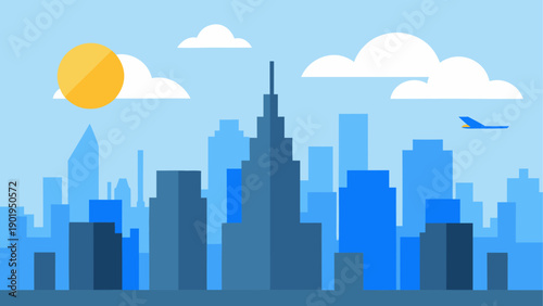 City skyline with sun and airplane view