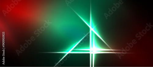 Abstract background features vibrant red, green gradients. Bright light flares intersect forming geometric shapes. Dark borders frame composition.