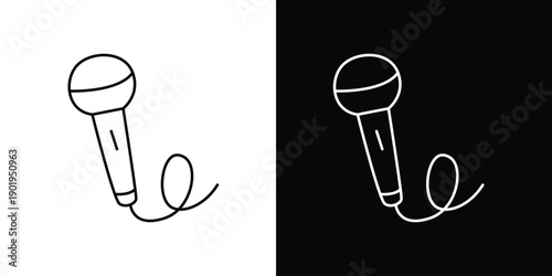 Minimalist outline microphone icon with curly cable, perfect for audio, music, podcasting, and live performance graphic designs