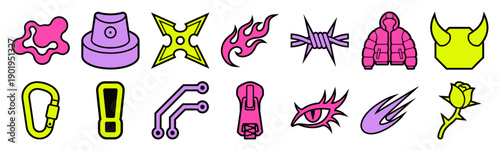 Y2K Cyberpunk Streetwear Vector Element Kit for Grungy Urban Fashion and Digital Branding