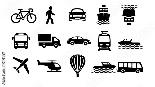 A black silhouette icon set featuring various transportation and travel vehicles.