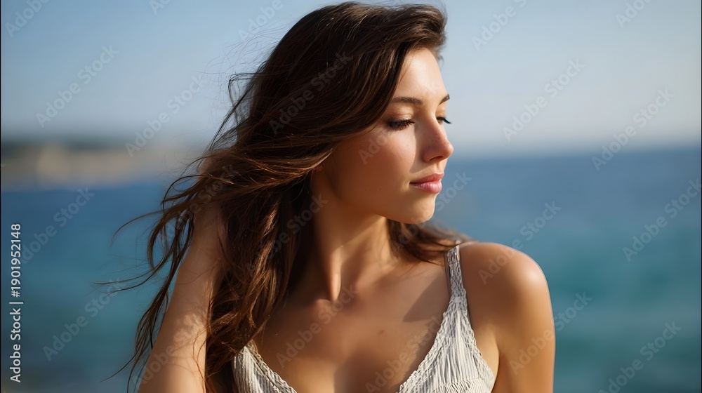 Naklejka premium A young woman with flowing hair gazes thoughtfully towards the ocean on a sunny day