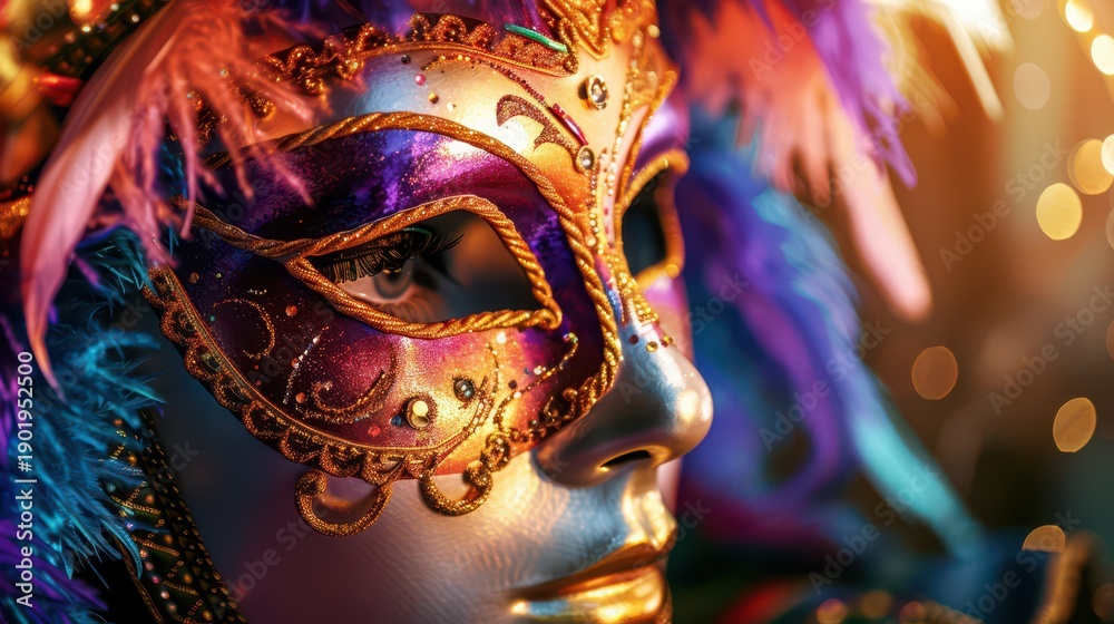 Naklejka premium Mardi gras celebration with colorful masquerade mask and glittering details