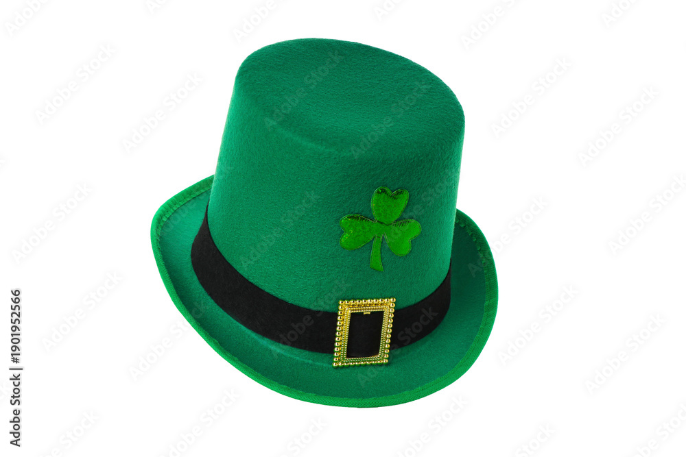 Fototapeta premium Green top hat features a shamrock and black band, isolated, PNG
