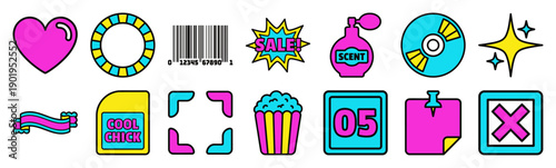 Retro Y2K Pop Art Flat Vector Icon Asset Sheet for Gen Z Lifestyle and Digital Scrapbooking