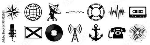 Minimalist Nautical and Communication Icons Graphic Set for Maritime and Radio Broadcasting Projects
