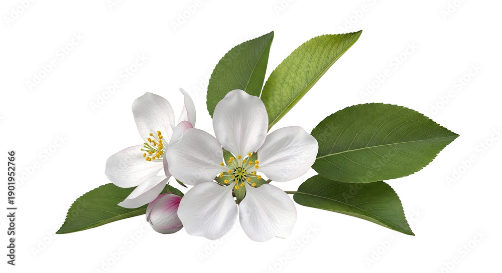 Fototapeta premium Apple Blossoms and Leaves on White Background