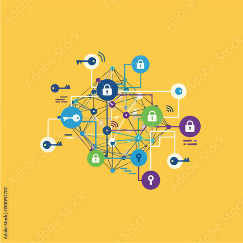Digital network security with interconnected locks and keys.