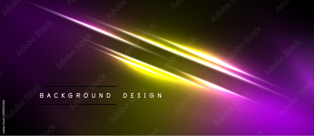 Fototapeta premium Abstract background features vibrant purple, yellow light streaks. Modern design elements create dynamic visual impact. Simple text overlay present.