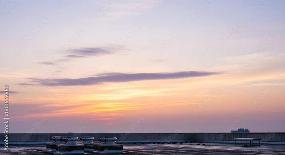 Obraz premium Tranquil urban sky at dusk with soft pastel colors painting the horizon over a city rooftop, capturing a peaceful moment as day transitions to night