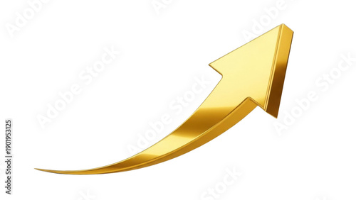 Glossy metallic gold upward arrow growth icon with soft shadow, 3D render Isolated on transparent background, png