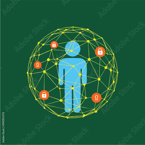 Digital security network protecting a human figure.