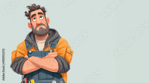Portrait of a pensive bearded handyman, suitable for construction, diy, home improvement, and repair service concepts in commercial designs.