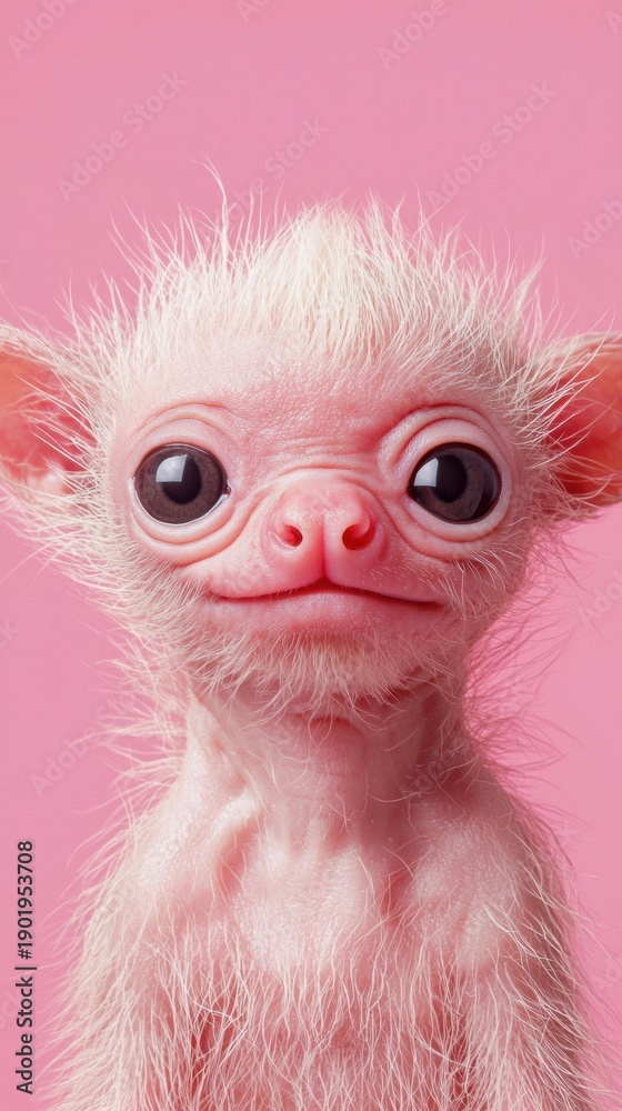 Obraz premium Portrait of a small, pale creature with large eyes and sparse white fur against a pink background. AI.