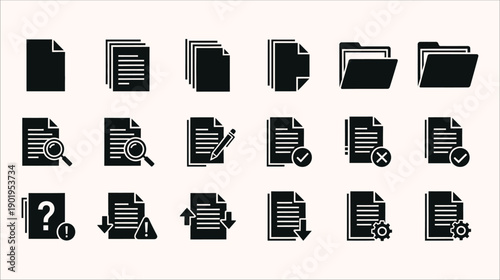 Set of 15 dark blue icons for documents, notes, and files, including icons for search, editing, and status checks