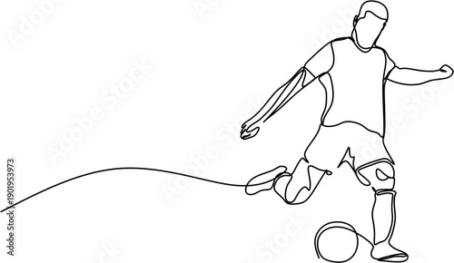 Continuous line drawing of a soccer player in front view dribbling a ball.
