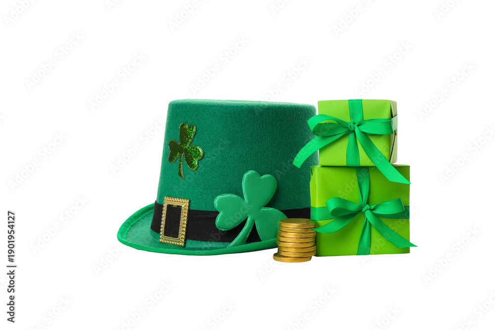 Fototapeta premium Leprechaun hat, shamrocks, green boxes, gold coins, isolated, PNG