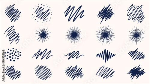 Collection of 20 dark blue hand-drawn abstract shapes, scribbles, and sound wave elements for design use