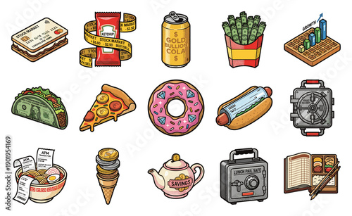Retro Pop Art Finance and Food Mashup Element Kit for Economic Humour and Creative Branding