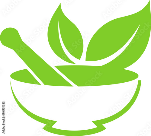 Green herbal medicine mortar and leaves icon