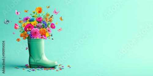 Rain boots filled with flowers isolated on blue