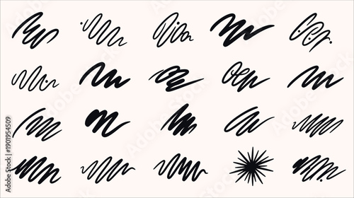 Set of 20 dark blue brush stroke elements, including scribbles and paint splashes for dynamic design applications