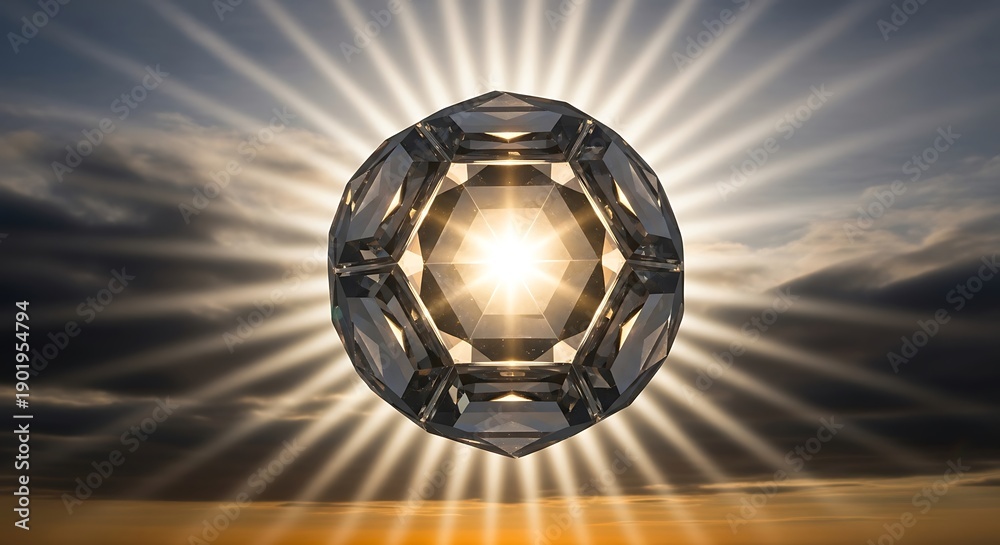 Naklejka premium A large geometric crystal levitates against a radiant sunburst in a dramatic sky