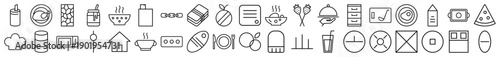 Culinary and household line icon set. Vector pictograms of chicken, pizza, strawberries, chef hat, filing cabinet, microwave, house, and cutlery, thin outline illustration.