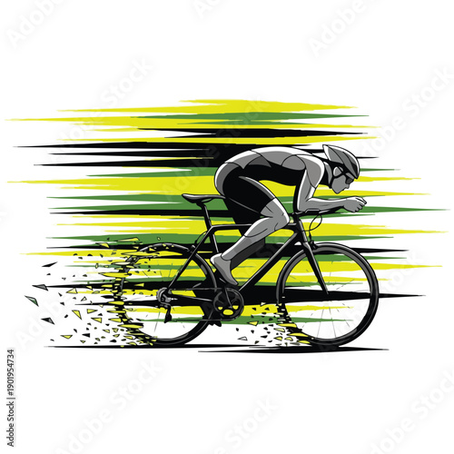 Dynamic illustration of a cyclist in motion racing on a bicycle.