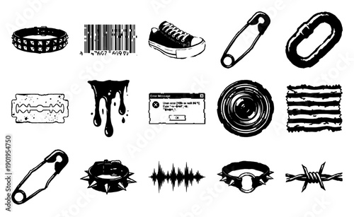 Grungy Alt-Fashion Ink Illustration Asset Sheet for Emo and Punk Subculture Aesthetic Projects
