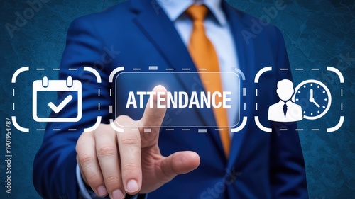 Professional businessman interacting with a virtual attendance system for modern time and schedule management