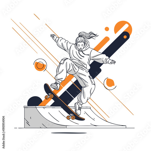 Dynamic illustration of a female skateboarder performing a trick on a ramp.