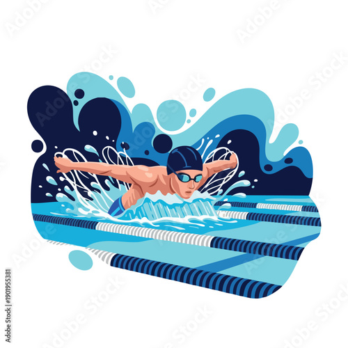 Dynamic illustration of a male swimmer performing butterfly stroke in a pool.
