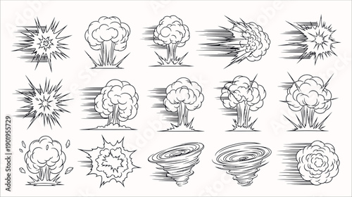 Dynamic Comic Book Style Explosion, Speed Line, and Tornado Effects Vector Set featuring Hand-Drawn Bursts, Motion Trails, and Whirlwind Shapes in Blue Outline