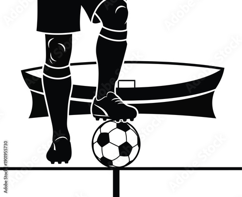 Soccer player with his foot on a ball, with a stadium in the background. Logo for soccer teams, leagues, or sports activity. 