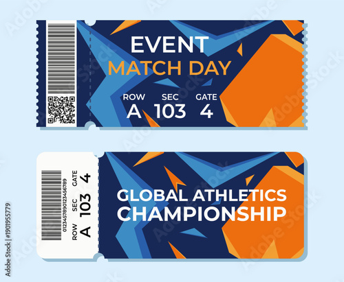 Sport ticket template for stadium entry with tear off stub, seat info and QR code