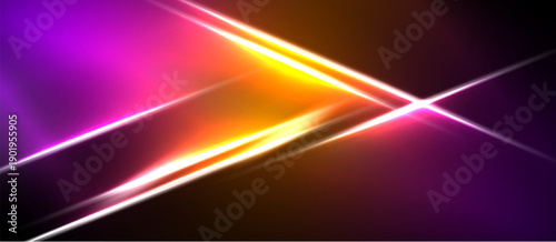 Abstract vibrant lines intersect, creating dynamic light effects. Purple, orange, white hues dominate dark background. Modern design.
