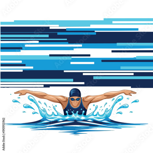 Dynamic male swimmer in butterfly stroke creating water splashes.